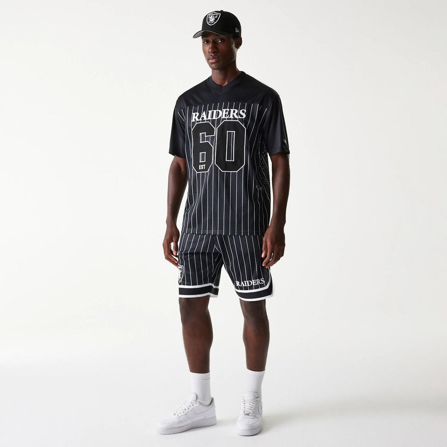 The Male model is wearing Las Vegas Raiders NFL Pinstripe Black Shorts 8