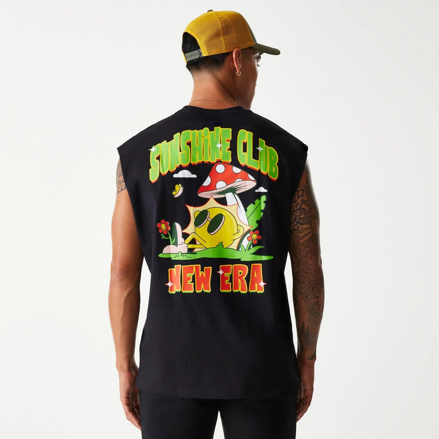 The Male model is wearing New Era Outdoor Graphic Black Sleeveless T-Shirt 2