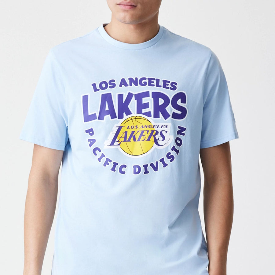 The Male model is wearing LA Lakers NBA Bubble Wordmark Pastel Blue T-Shirt 3