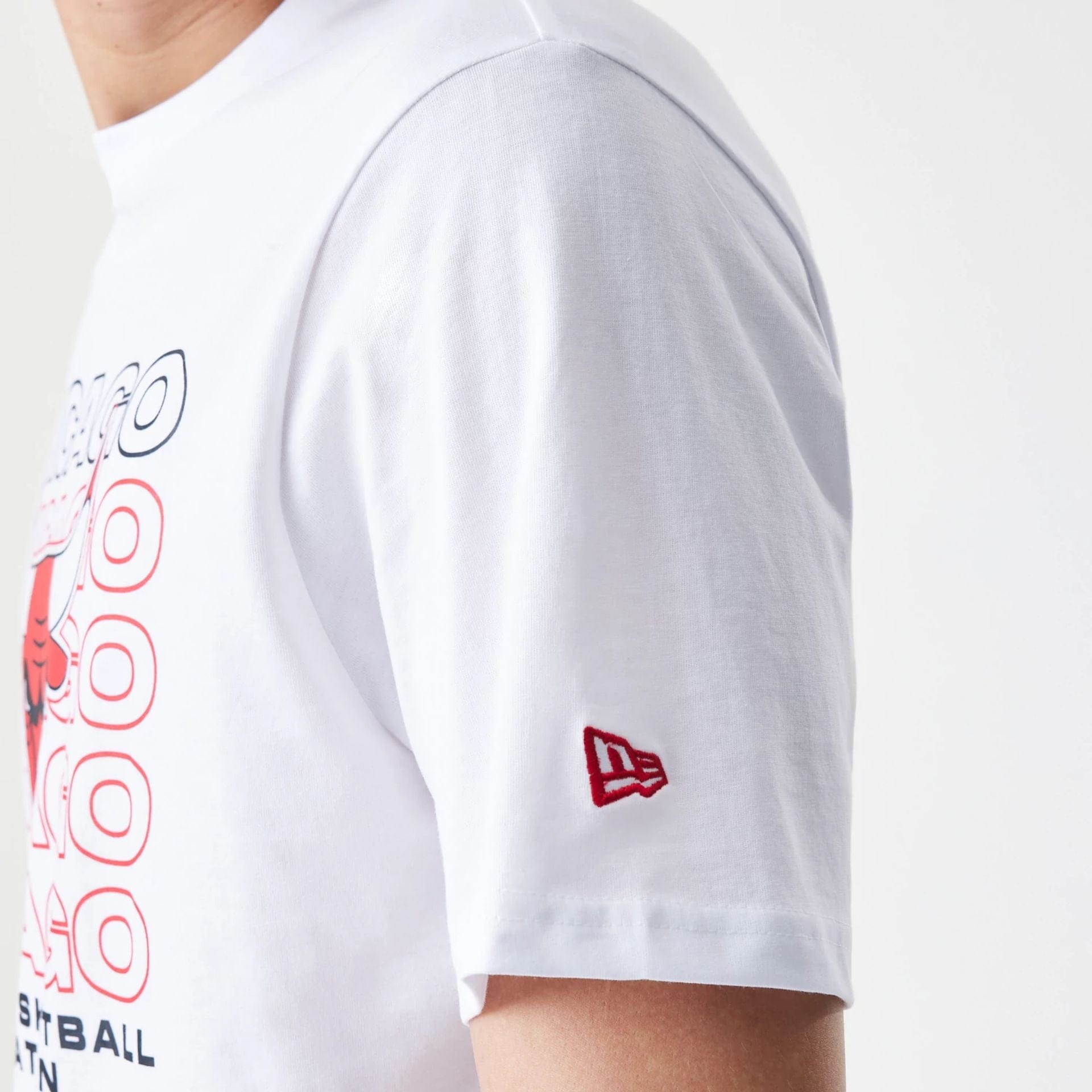 The Male model is wearing Chicago Bulls NBA Stack Wordmark White T-Shirt 5