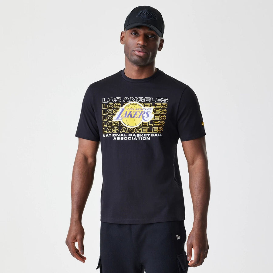 The Male model is wearing LA Lakers NBA Stack Wordmark Black T-Shirt 1