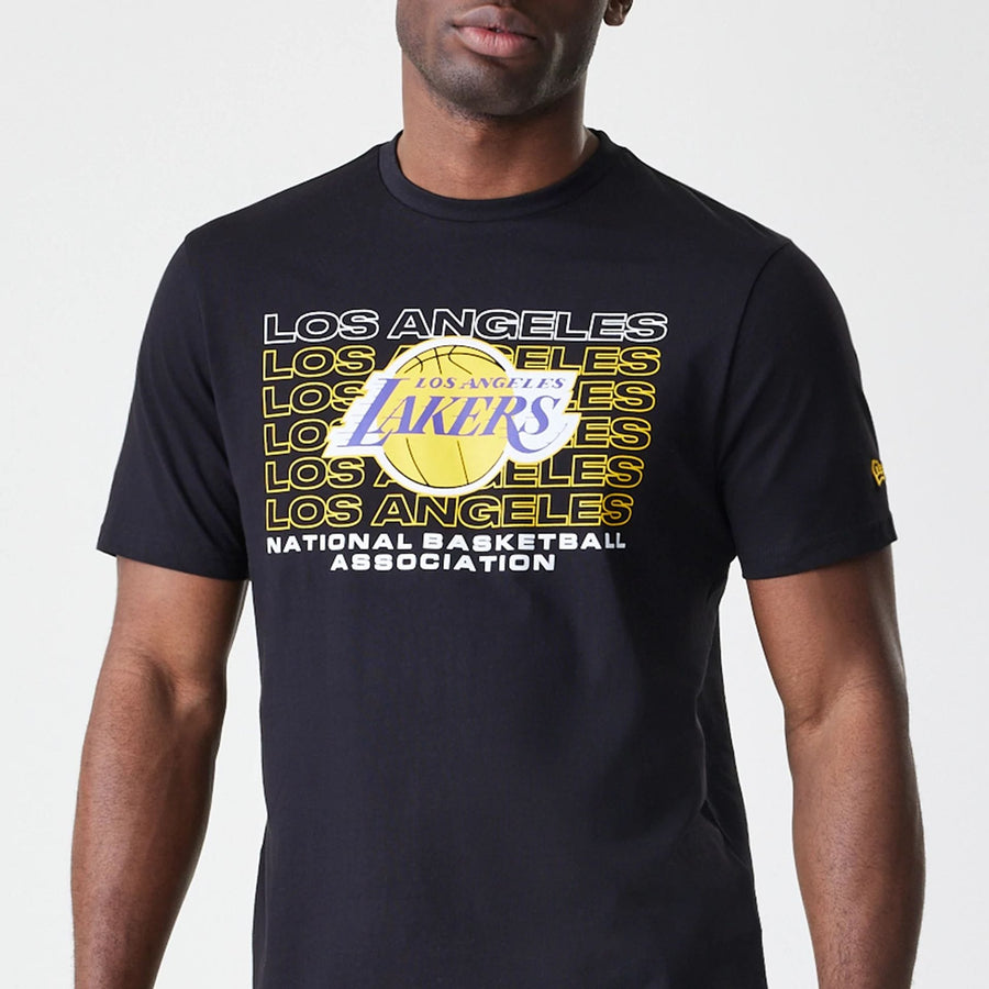 The Male model is wearing LA Lakers NBA Stack Wordmark Black T-Shirt 3