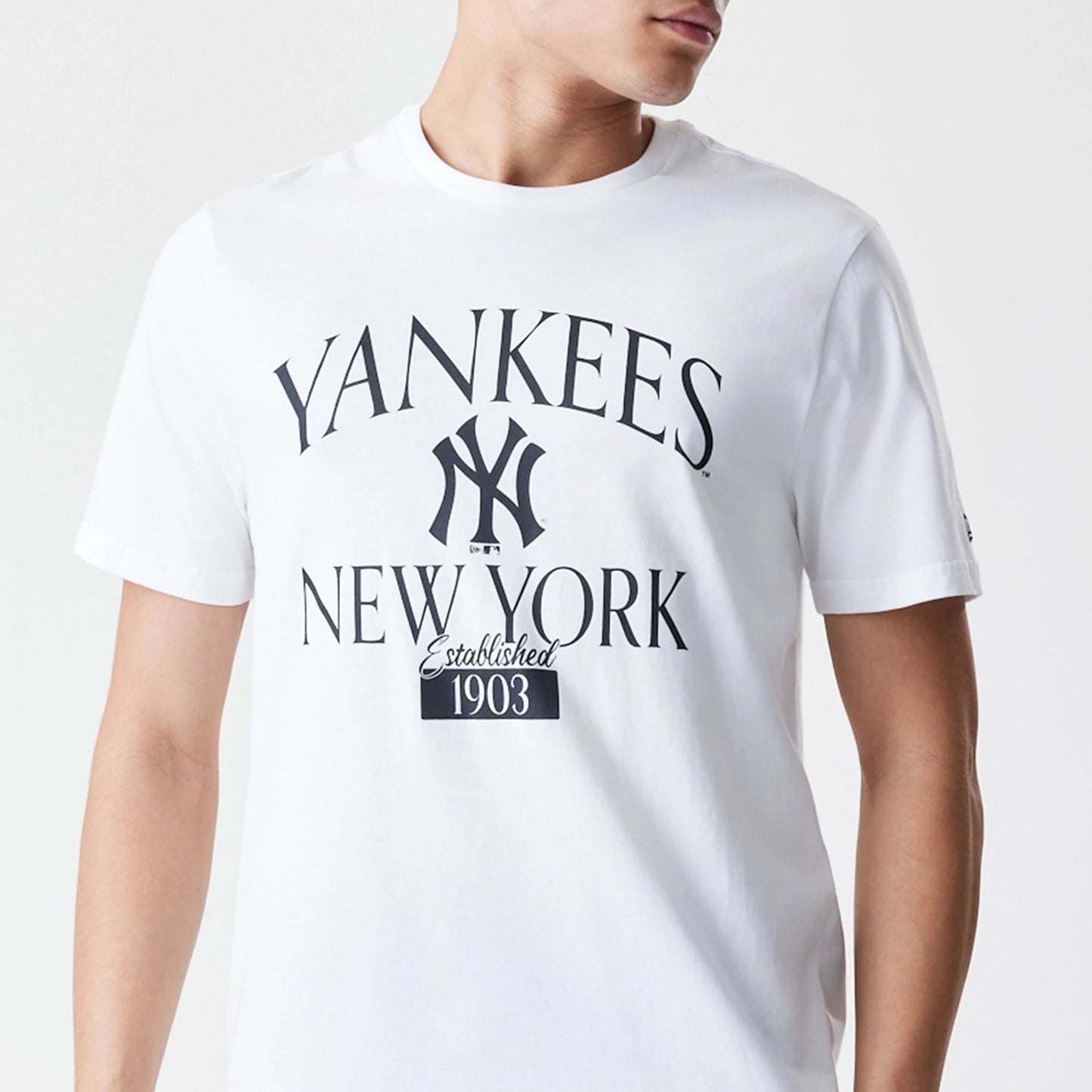 The Male model is wearing New York Yankees MLB Arch Wordmark White T-Shirt 3