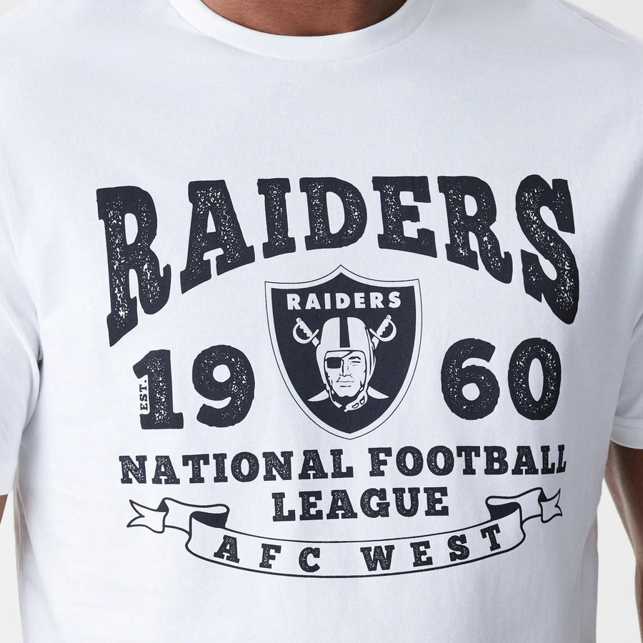 The Male model is wearing Las Vegas Raiders NFL Stack Arch Logo White T-Shirt 4