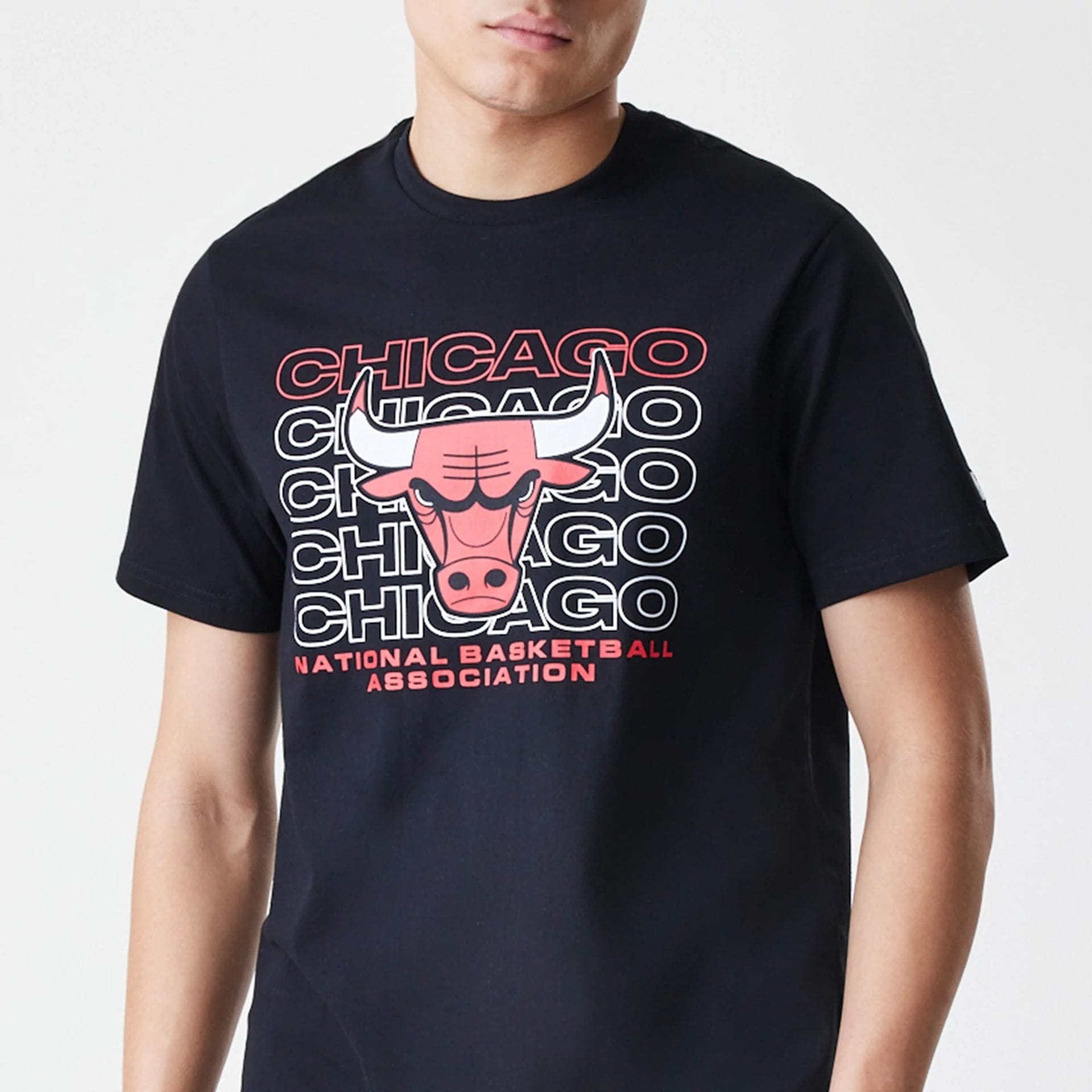 The Male model is wearing Chicago Bulls NBA Stack Wordmark Black T-Shirt 3