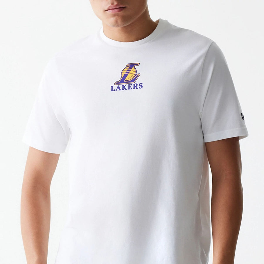 The Male model is wearing LA Lakers NBA Logo White T-Shirt 6