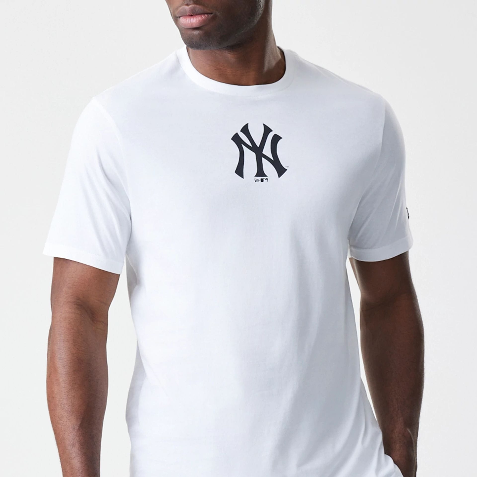 The Male model is wearing New York Yankees MLB Logo White T-Shirt 3