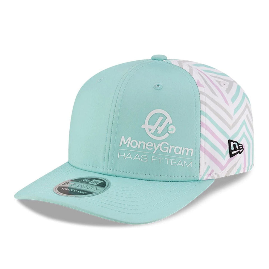 This is a MoneyGram Haas F1 Miami Race Special Turquoise 9SEVENTY Stretch Snap Adjustable Cap 3