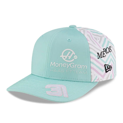 This is a MoneyGram Haas F1 Esteban Ocon Miami Race Special Turquoise 9SEVENTY Stretch Snap Adjustable Cap 3