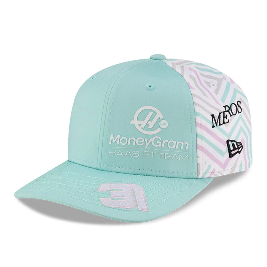 This is a MoneyGram Haas F1 Esteban Ocon Miami Race Special Turquoise 9SEVENTY Stretch Snap Adjustable Cap 3