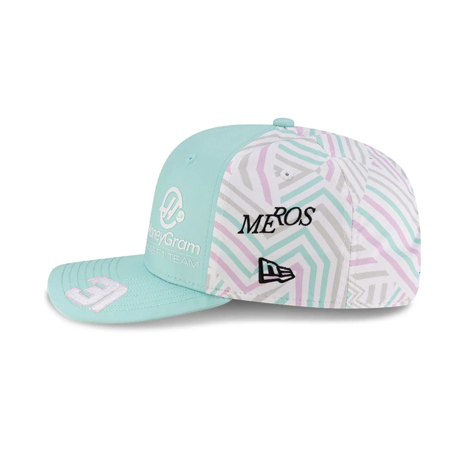 This is a MoneyGram Haas F1 Esteban Ocon Miami Race Special Turquoise 9SEVENTY Stretch Snap Adjustable Cap 5