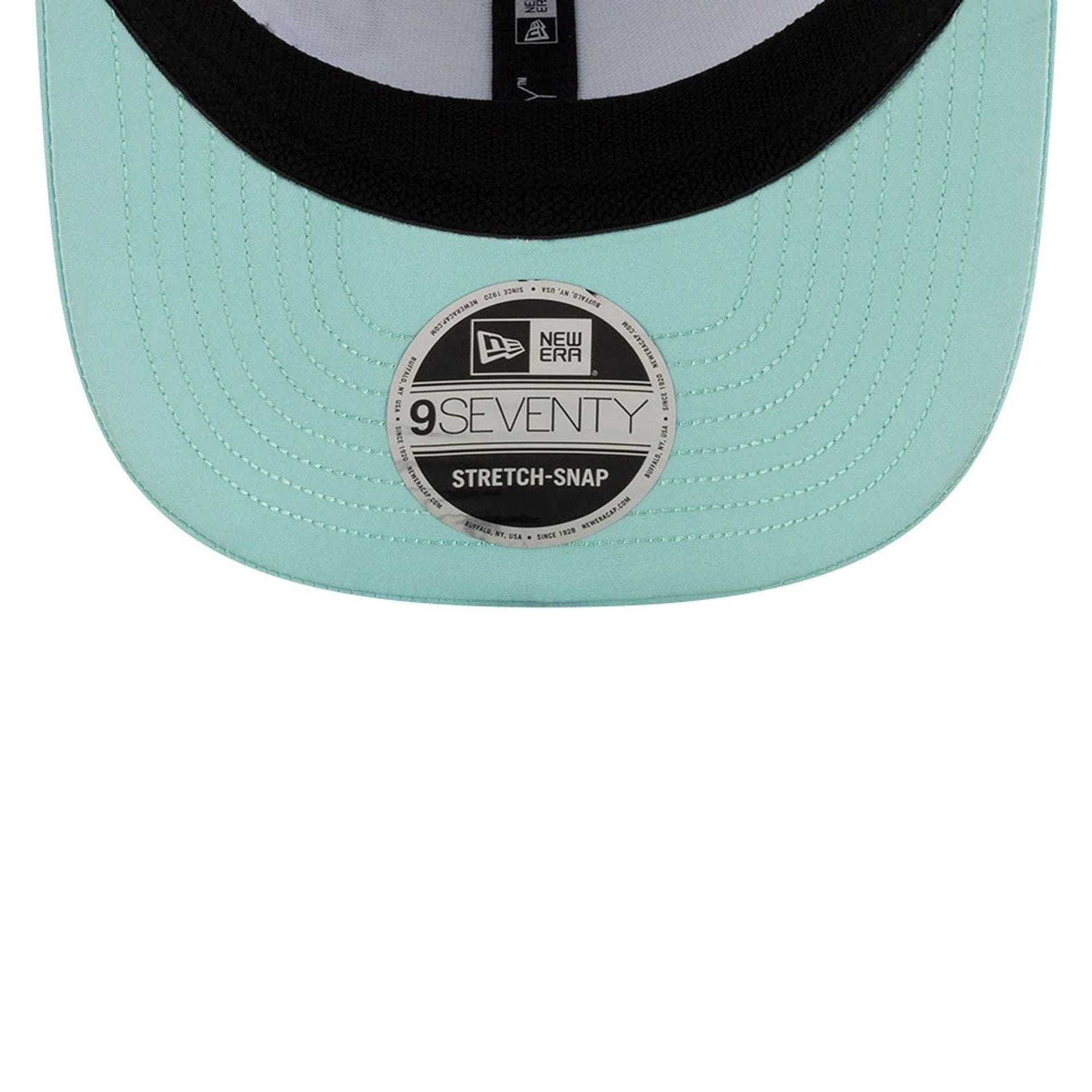 This is a MoneyGram Haas F1 Esteban Ocon Miami Race Special Turquoise 9SEVENTY Stretch Snap Adjustable Cap 7