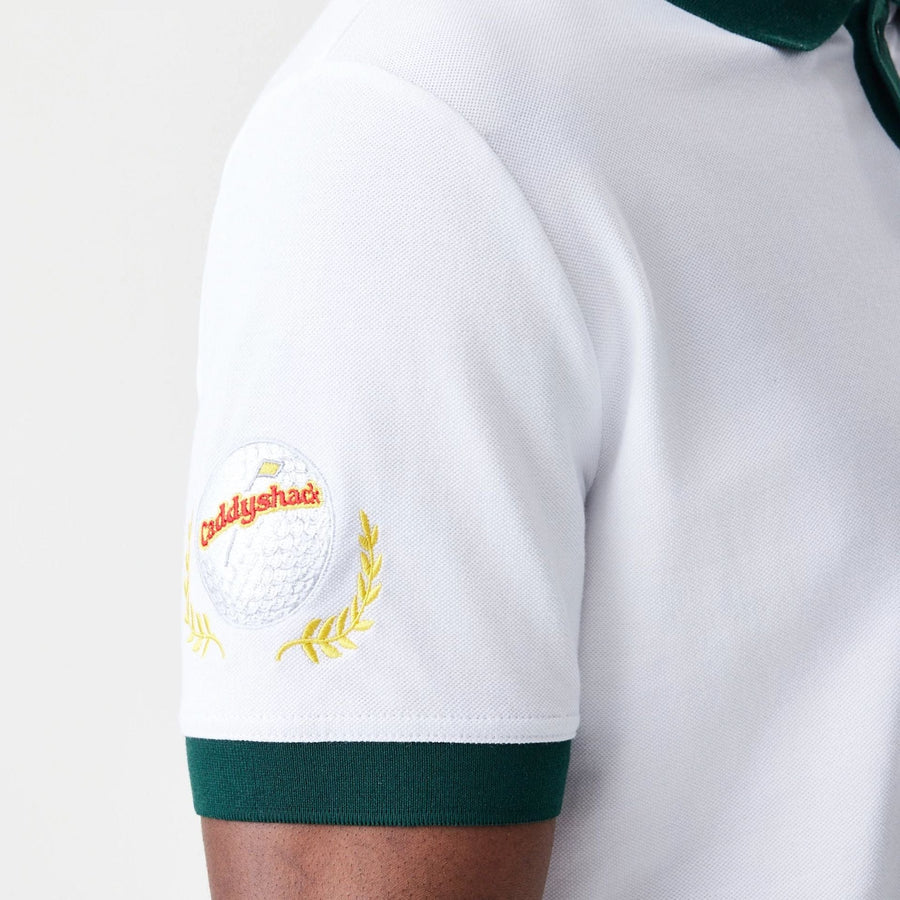 The Male model is wearing Caddyshack BushWood White Polo T-Shirt 5