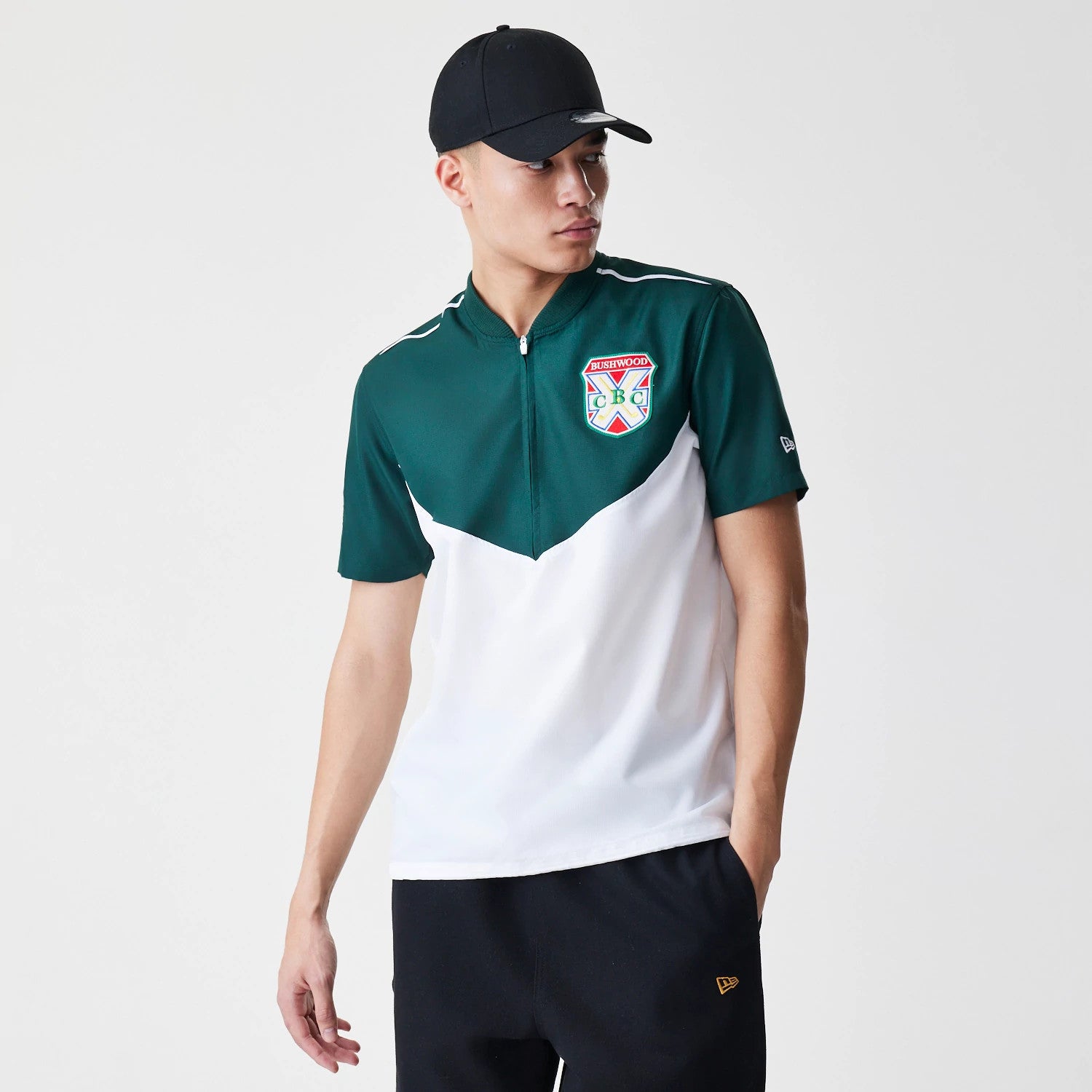 The Male model is wearing Caddyshack BushWood White 1/4 Zip Polo T-Shirt 1