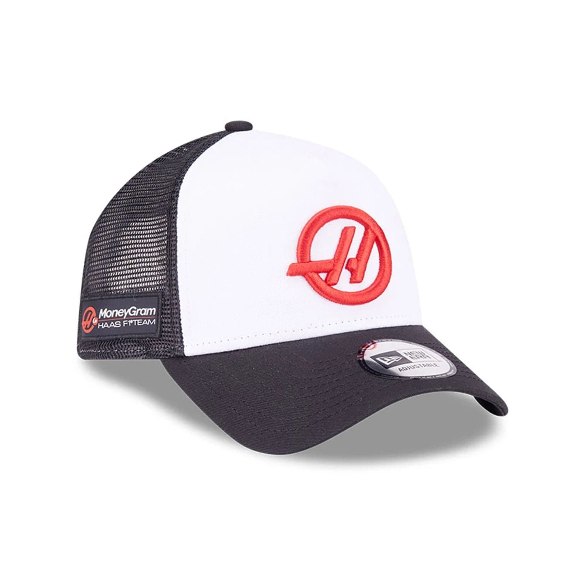 This is a MoneyGram  Haas F1 Black 9FORTY E-Frame Trucker Adjustable Cap 3