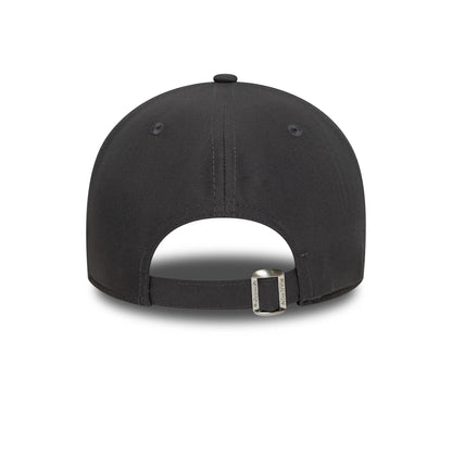New York Yankees MLB Flawless Dark Grey New Era 9FORTY Adjustable Cap, rear view showing the adjustable fabric strap with a metallic buckle and the seamless dark grey back panels topped with a matching grey top button.