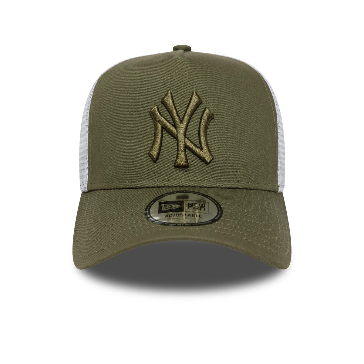 New York Yankees MLB League Essential Dark Green New Era 9FORTY E-Frame Trucker Adjustable Cap, front view showing a raised olive NY logo on the structured crown, a curved visor with a 9FORTY size sticker, and white mesh side panels.