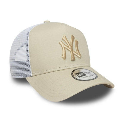 This is a New York Yankees MLB League Essential Light Beige 9FORTY E-Frame Trucker Adjustable Cap 3