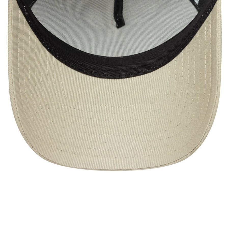 This is a New York Yankees MLB League Essential Light Beige 9FORTY E-Frame Trucker Adjustable Cap 5