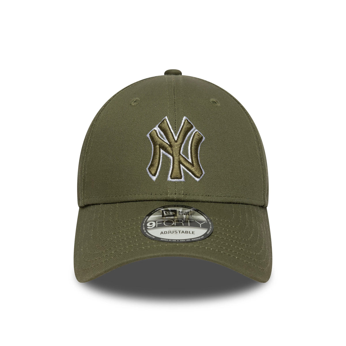 New York Yankees MLB Outline Dark Green New Era 9FORTY Adjustable Cap, front view with a raised olive NY logo outlined in white embroidery on the structured crown, featuring a curved visor and a 9FORTY size sticker on top.