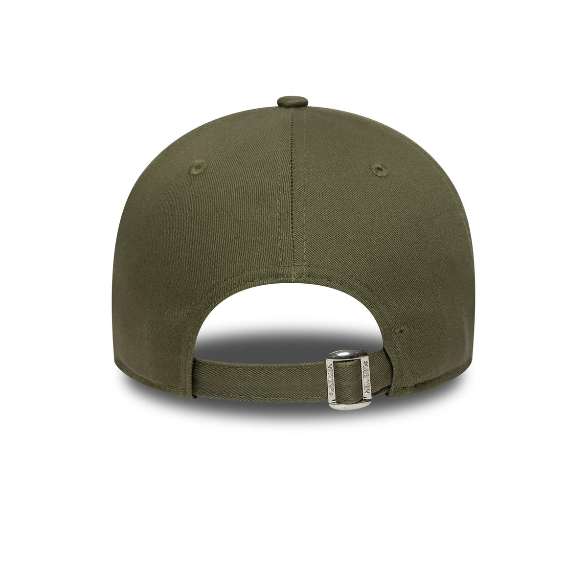 New York Yankees MLB Outline Dark Green New Era 9FORTY Adjustable Cap, rear view showing an unstructured crown with a metal buckle closure on the adjustable strap, featuring tonal eyelets and a matching top button.