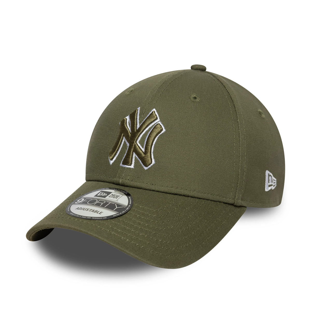 New York Yankees MLB Outline Dark Green New Era 9FORTY Adjustable Cap, front view showing raised dark green embroidered NY logo outlined in white on the front panel, curved visor with 9FORTY size sticker, and white New Era flag logo on the left side.