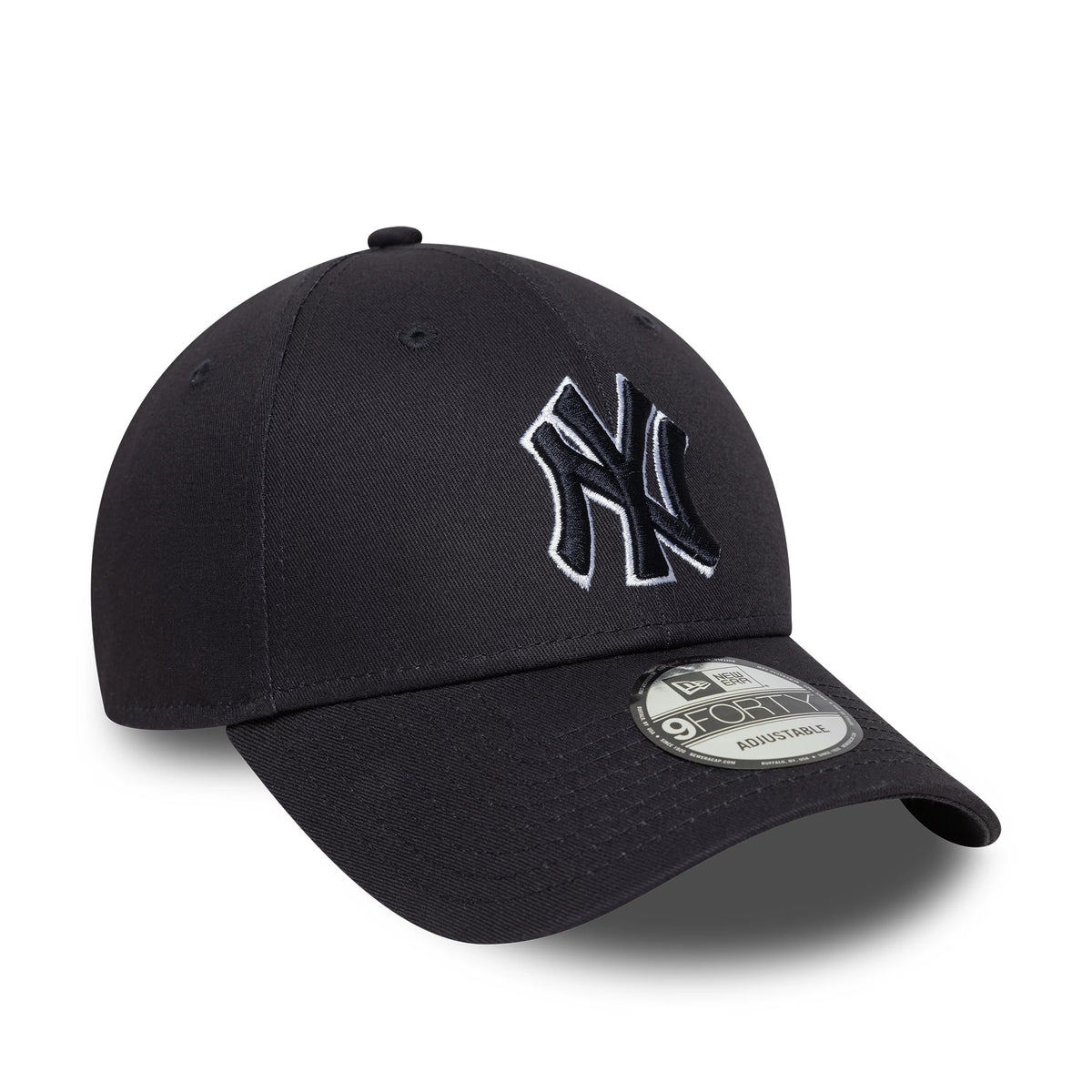 New York Yankees MLB Outline Navy New Era 9FORTY Adjustable Cap, three-quarter view showing white raised embroidery of the Yankees logo on the front panel, curved visor with 9FORTY size sticker, and navy structured crown with eyelets.