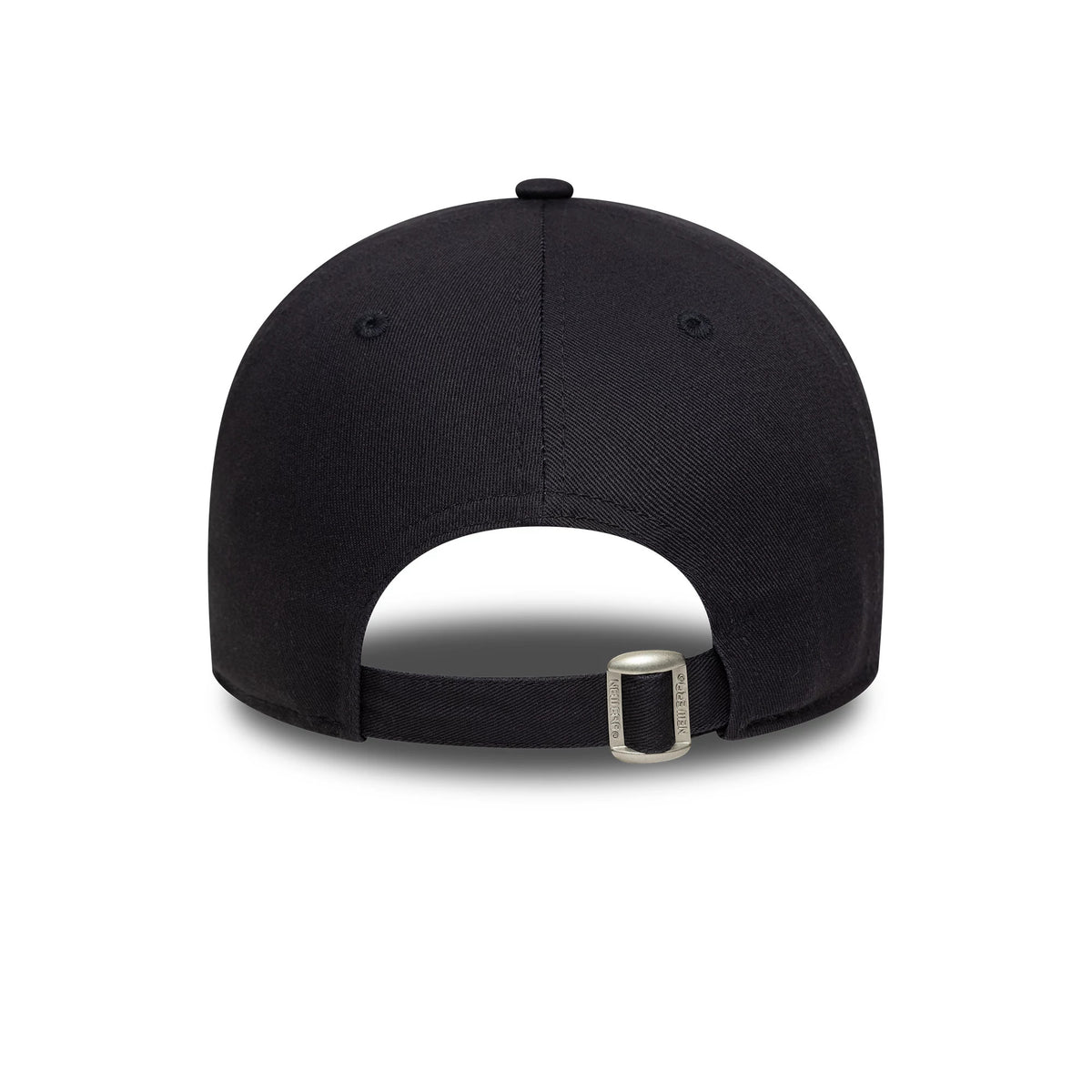 New York Yankees MLB Mini Logo Navy New Era 9TWENTY Adjustable Cap, rear view showing the metal buckle on the navy adjustable strap and top button on the unstructured crown, with clean panel seams.