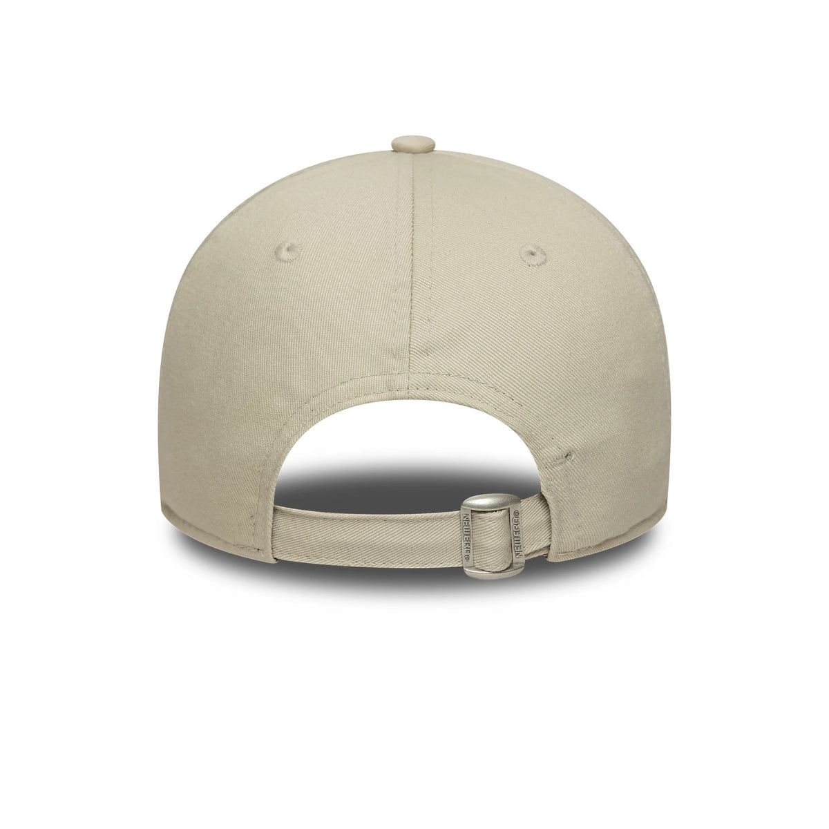 New York Yankees MLB Mini Logo Cream New Era 9TWENTY Adjustable Cap, rear view showing a curved opening with a cream adjustable strap and metal buckle, centred on the unstructured cream crown with matching top button and embroidered eyelets.