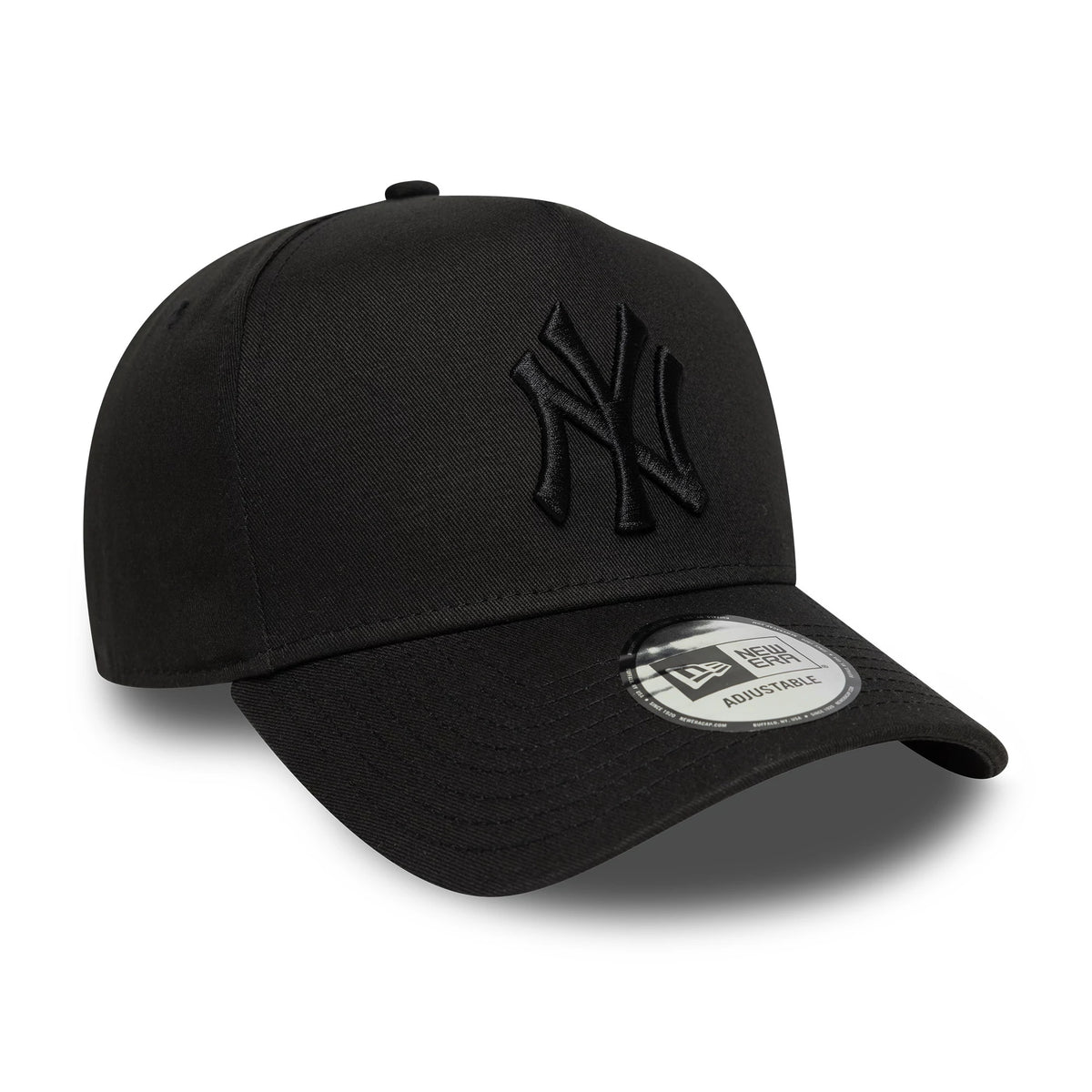 Yankees MLB League Essential Black on Black New Era 9FORTY E-Frame Adjustable Cap, three-quarter view with a raised black NY logo on the front panel, curved black visor, and 9FORTY size sticker on the top of the visor.