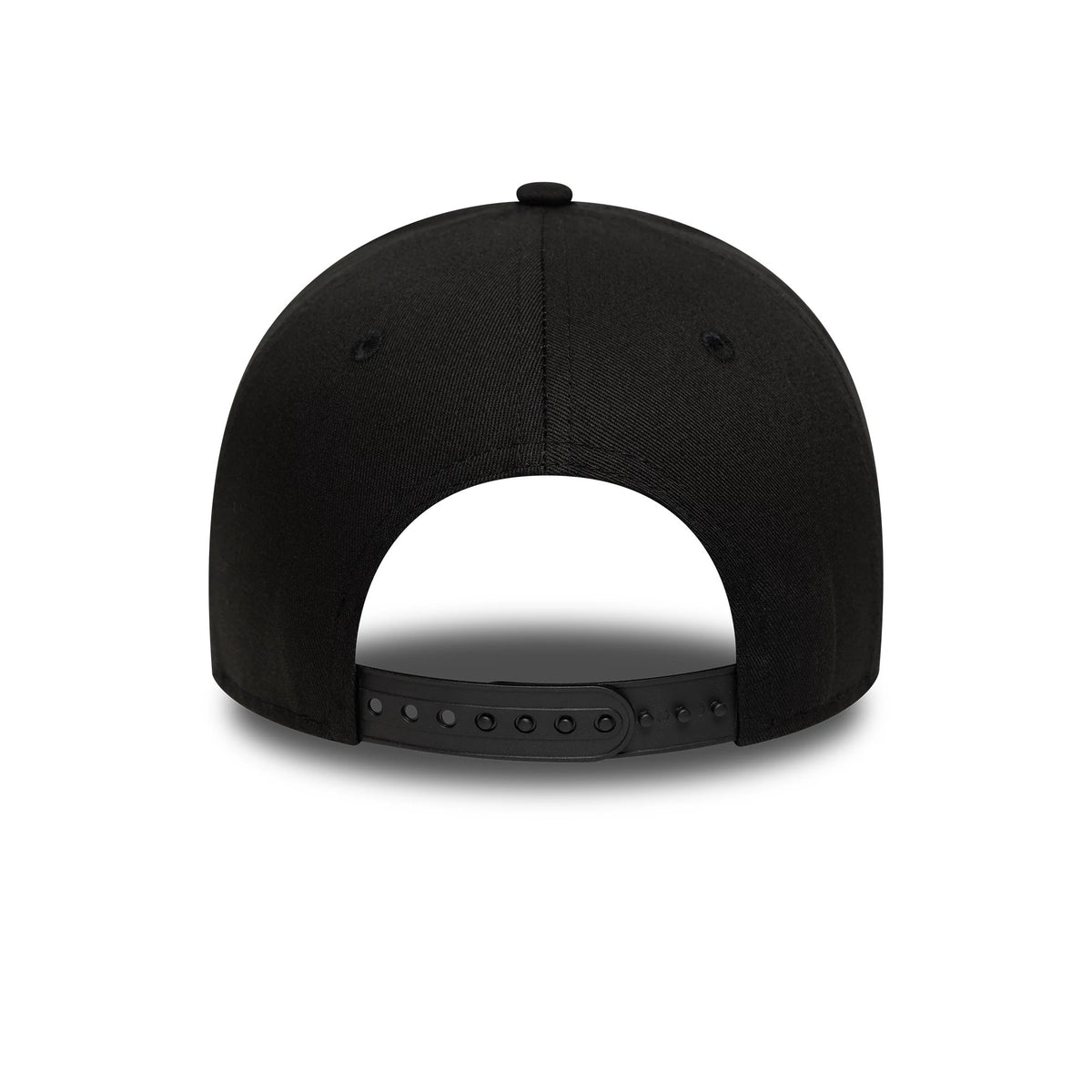 Yankees MLB League Essential Black on Black New Era 9FORTY E-Frame Adjustable Cap, rear view showing the black plastic adjustable strap and structured black crown without a back logo.