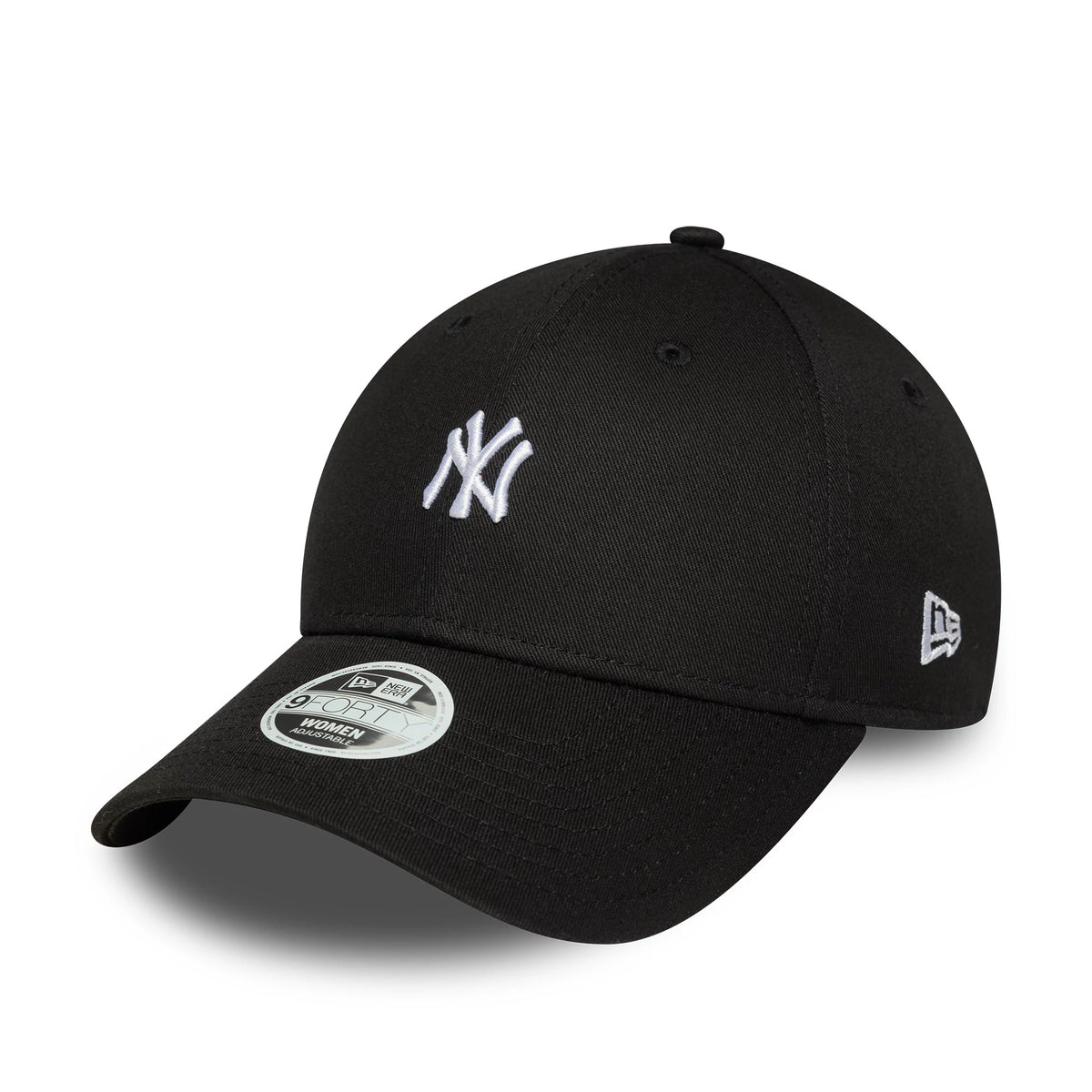 New York Yankees Womens MLB Mini Logo Black New Era 9FORTY Adjustable Cap, three-quarter view showing the white NY logo embroidered on the front panel, a curved visor with a 9FORTY size sticker and the New Era flag logo on the left side.