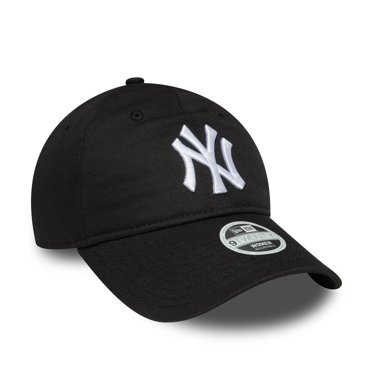 New York Yankees Womens MLB League Essential Black New Era 9TWENTY Adjustable Cap, three-quarter view with raised white NY logo on the front panel, curved visor and 9TWENTY size sticker on the top of the visor.