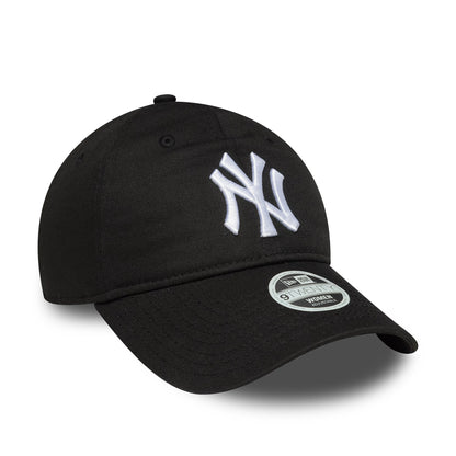 New York Yankees Womens MLB League Essential Black New Era 9TWENTY Adjustable Cap, three-quarter view with raised white NY logo on the front panel, curved visor and 9TWENTY size sticker on the top of the visor.