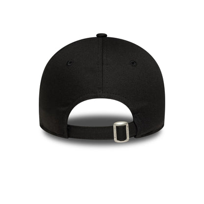 New York Yankees Womens MLB League Essential Black New Era 9TWENTY Adjustable Cap, rear view showing an adjustable buckle strap at the back and a smooth black crown with a top button and stitched eyelets.