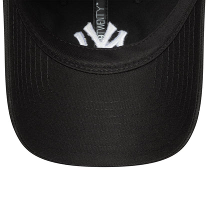 New York Yankees Womens MLB League Essential Black New Era 9TWENTY Adjustable Cap, inside view showing the under visor with white Yankees logo embroidery and a black sweatband, featuring the 9TWENTY label on the inner taping.