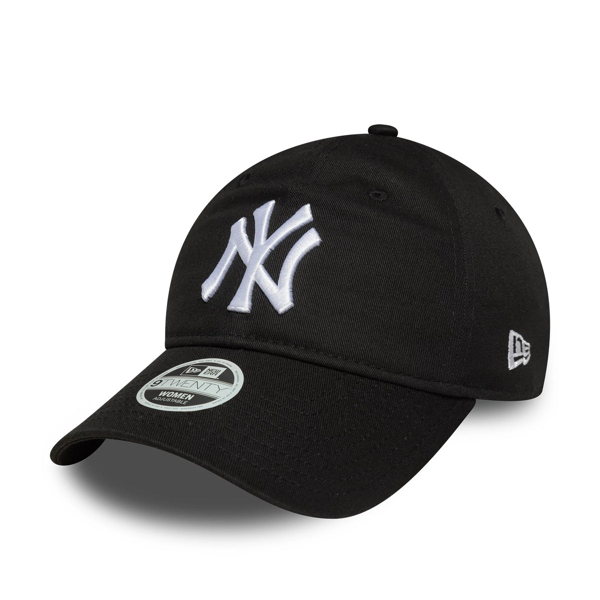 New York Yankees Womens MLB League Essential Black New Era 9TWENTY Adjustable Cap, front view showing raised white NY logo on the front panel, New Era flag logo on the left side, and 9TWENTY size sticker on the visor.