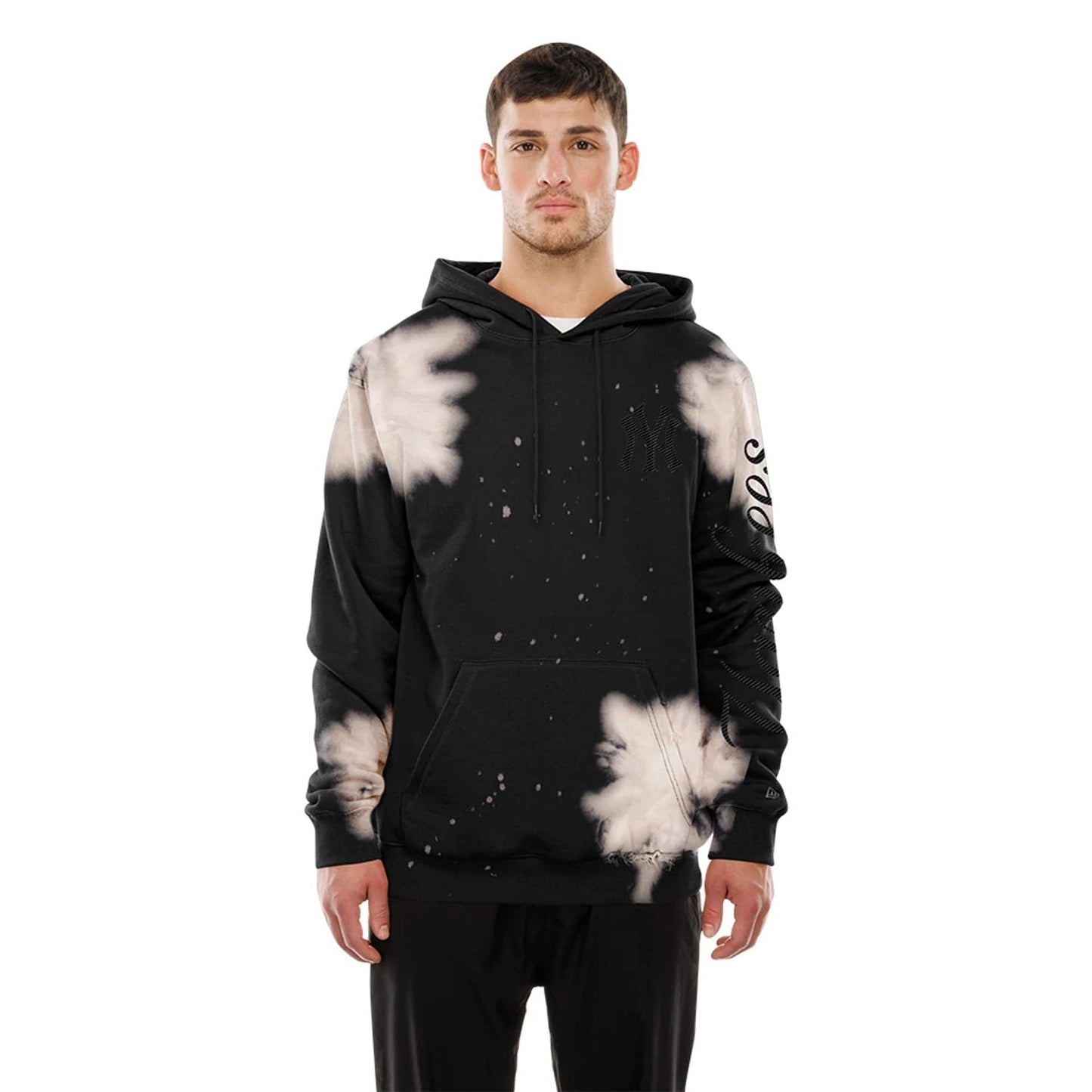 The Male model is wearing New York Yankees MLB Bleach Out Black Pullover Hoodie 1