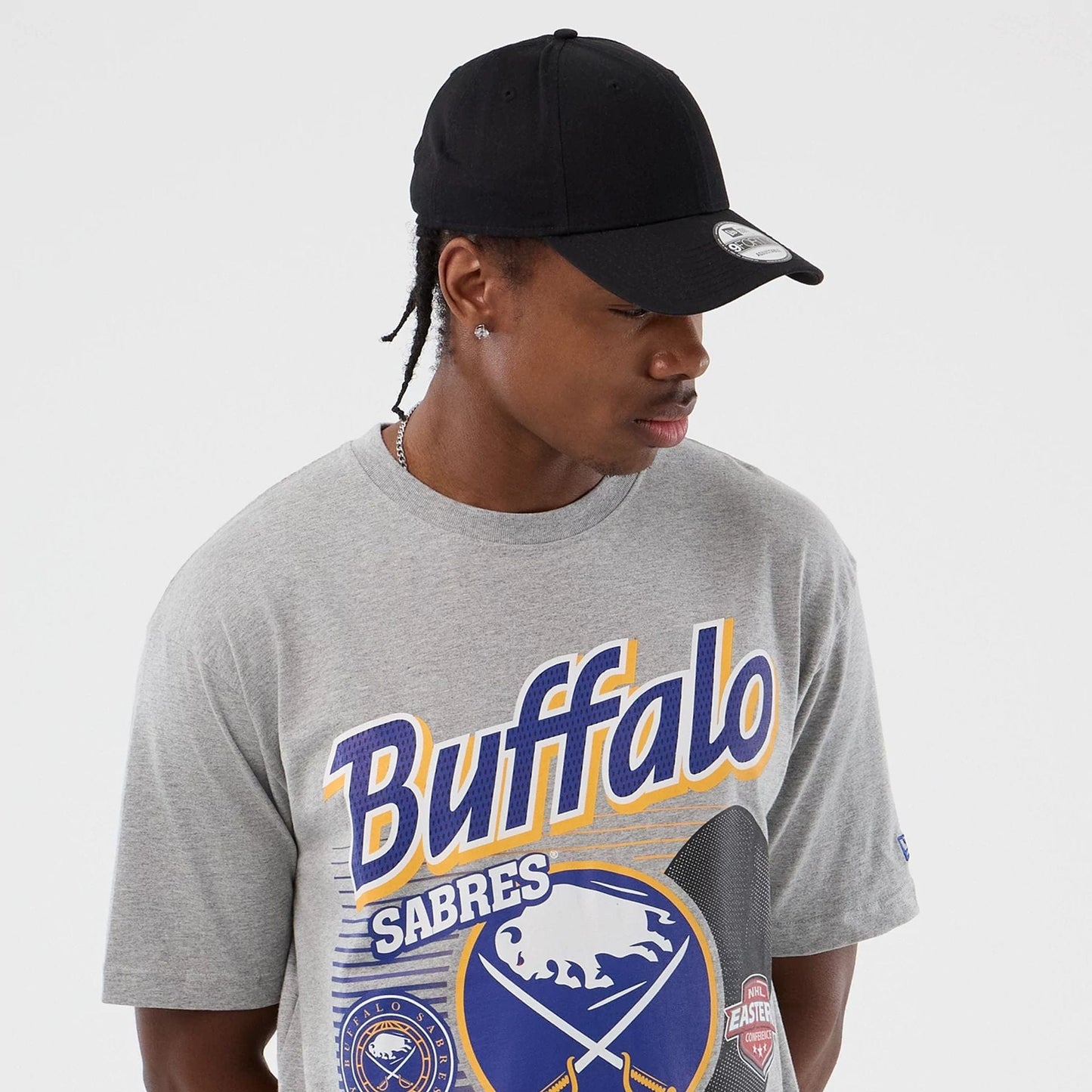 The Male model is wearing Buffalo Sabres NHL Sport Classic Grey T-Shirt 4