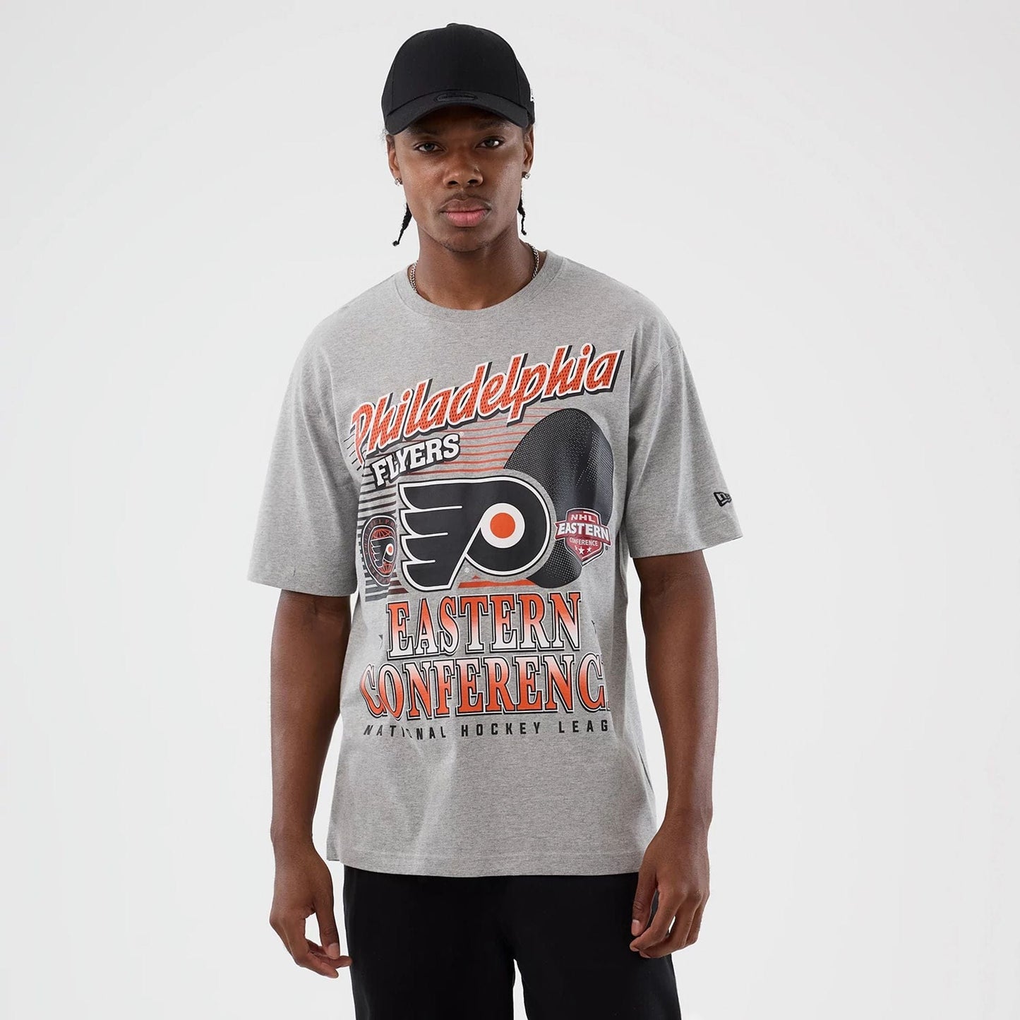 The Male model is wearing Philadelphia Flyers NHL Sport Classic Grey T-Shirt 1
