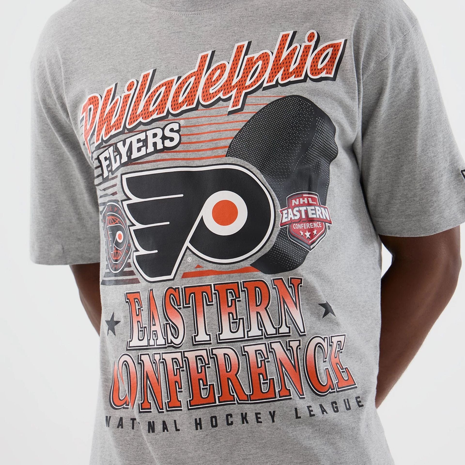 The Male model is wearing Philadelphia Flyers NHL Sport Classic Grey T-Shirt 3