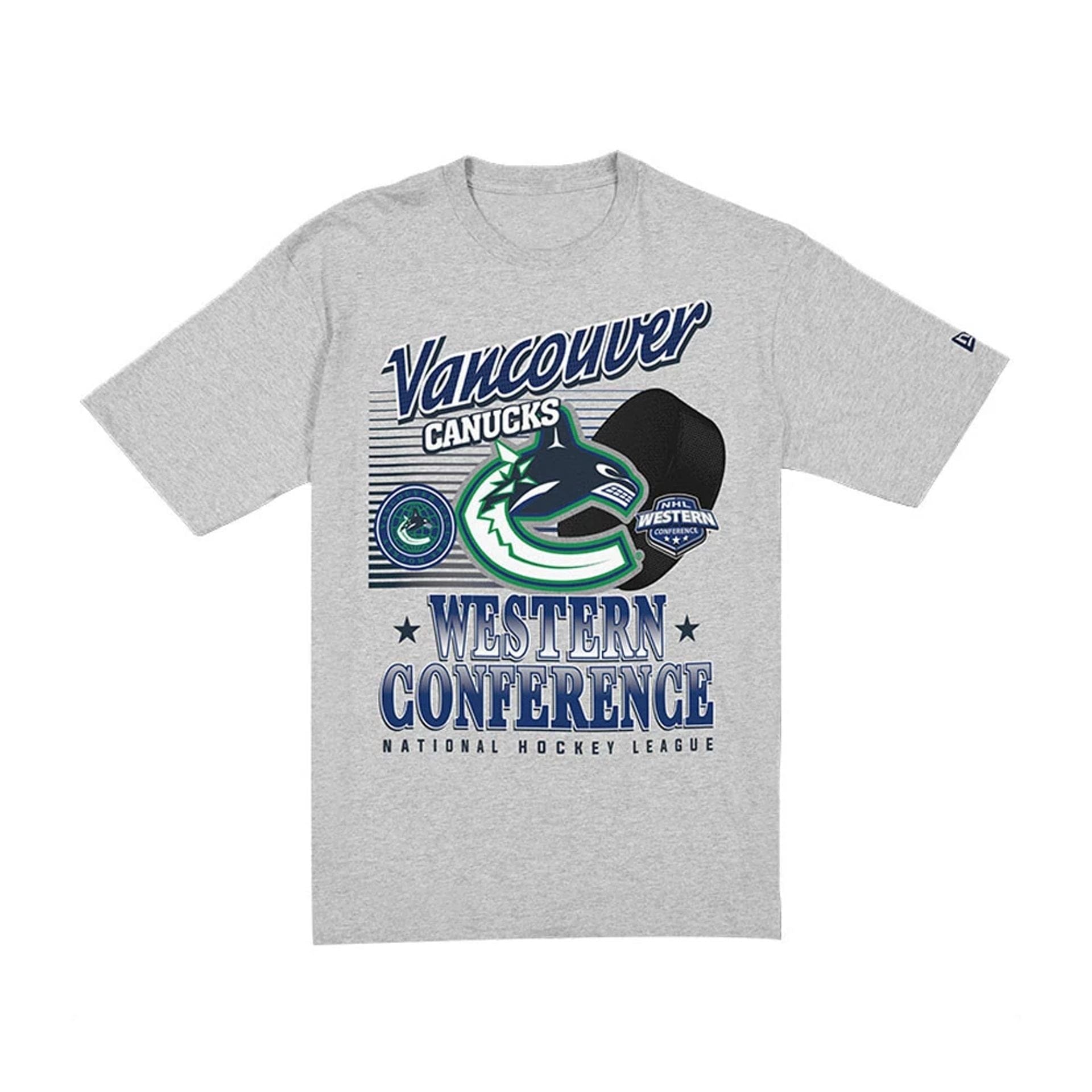 The Male model is wearing Vancouver Canucks NHL Sport Classic Grey T-Shirt 6