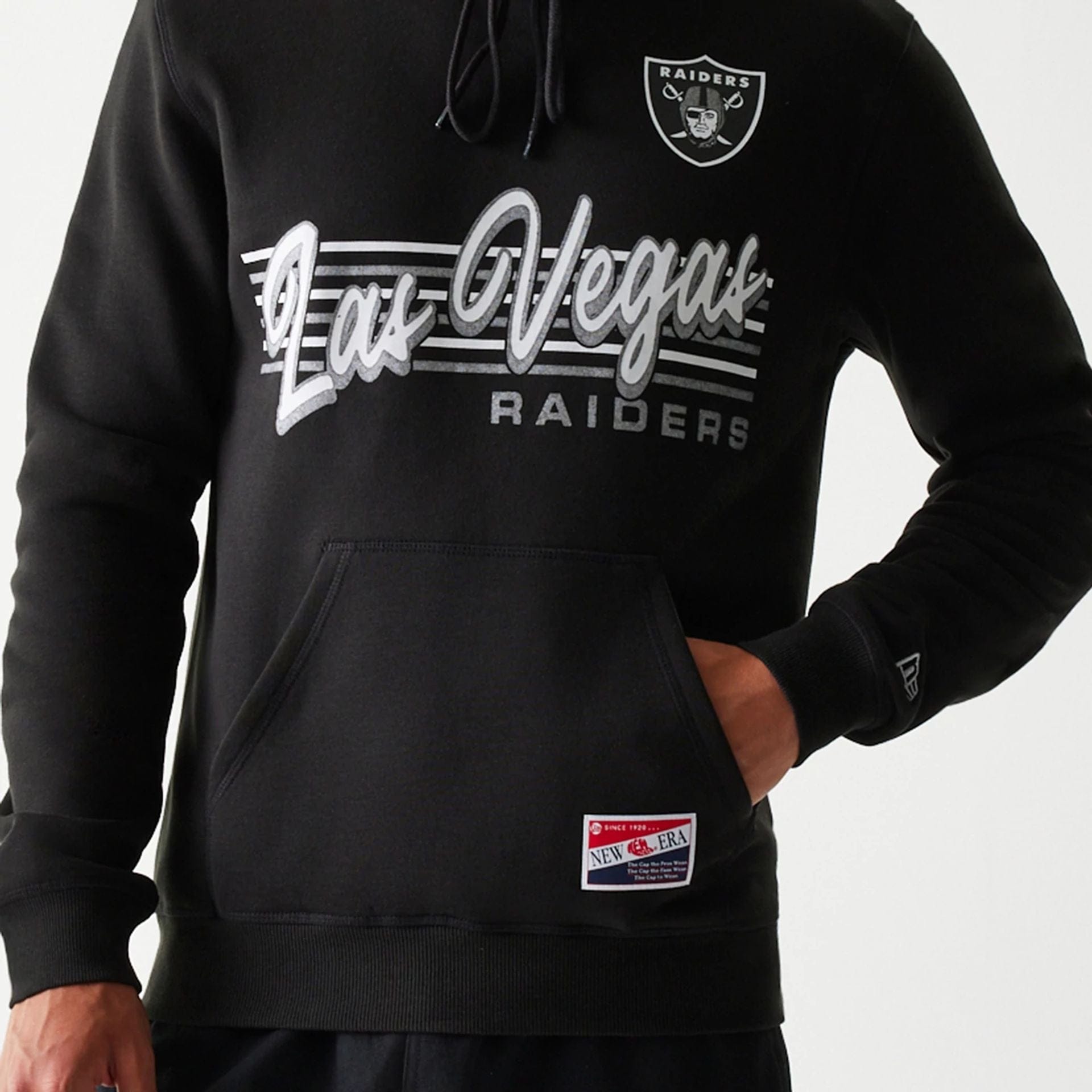 The Male model is wearing Las Vegas Raiders NFL Throwback Black Pullover Hoodie 3
