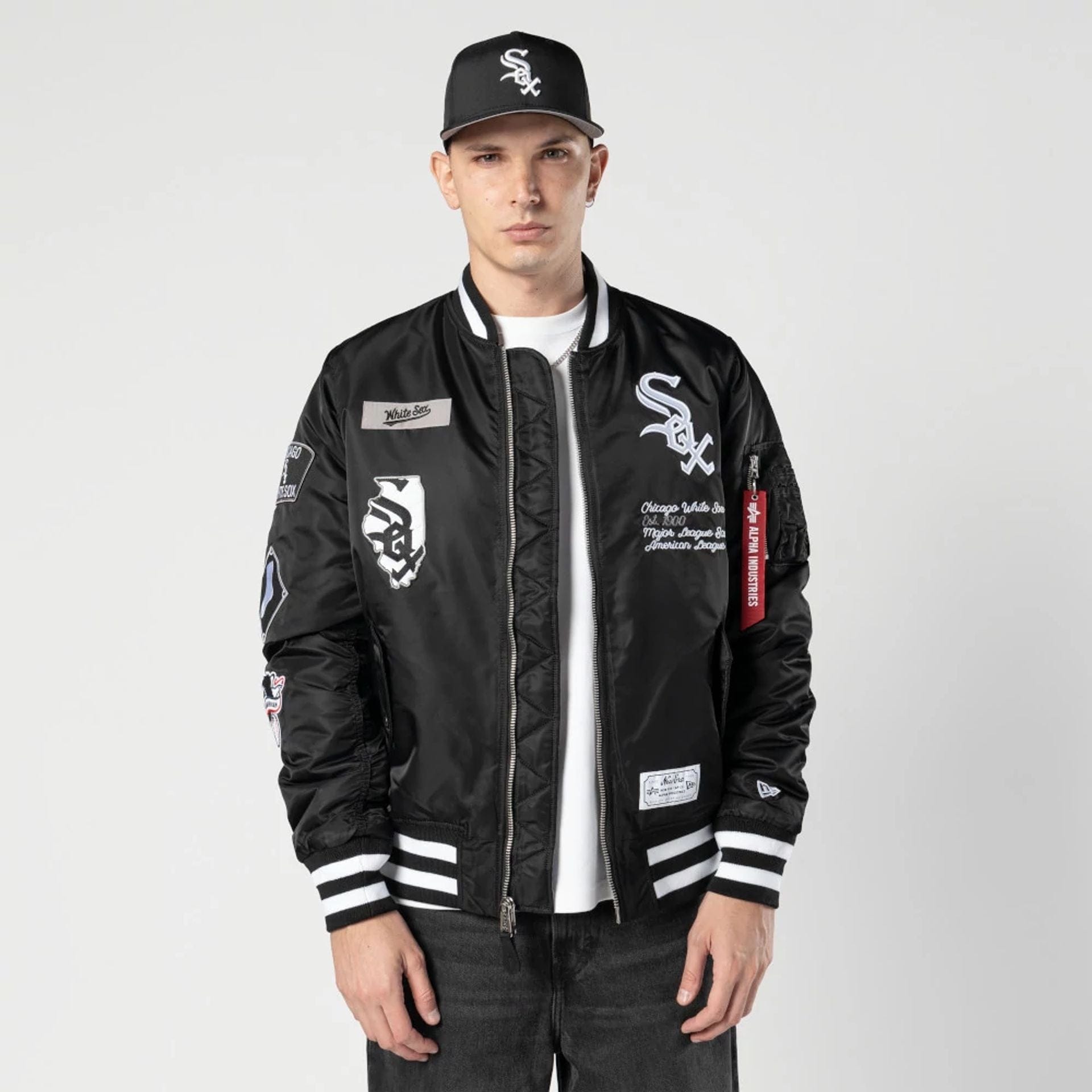 MLB X Alpha Chicago White Sox Black Bomber Jacket | NEC UK