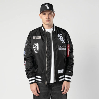 The Male model is wearing Chicago White Sox MLB X Alpha Black Bomber Jacket 1