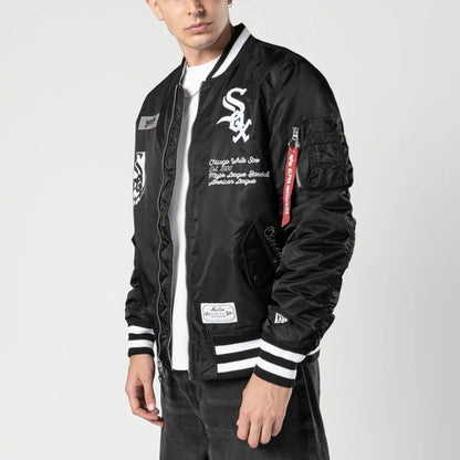 The Male model is wearing Chicago White Sox MLB X Alpha Black Bomber Jacket 4
