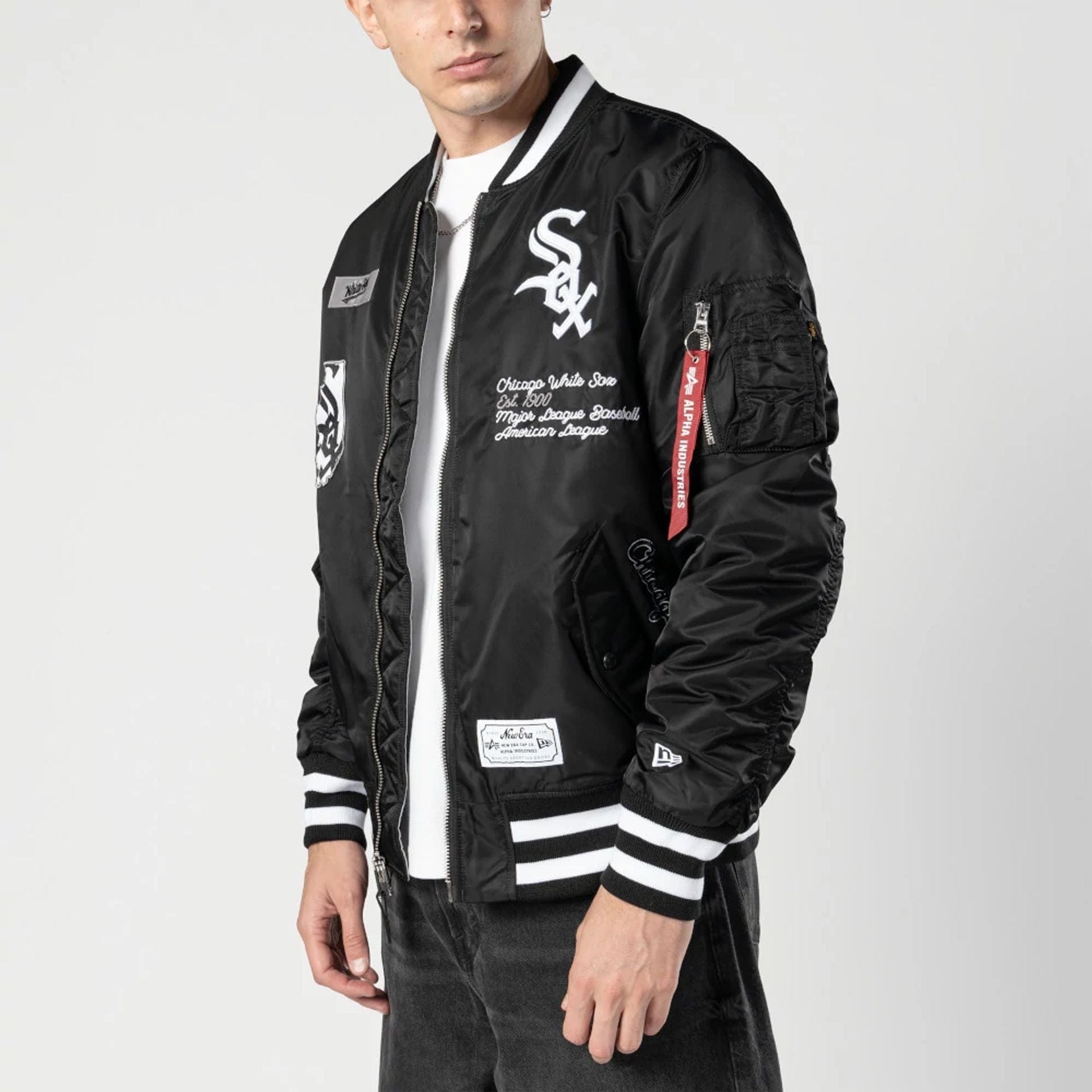 The Male model is wearing Chicago White Sox MLB X Alpha Black Bomber Jacket 4