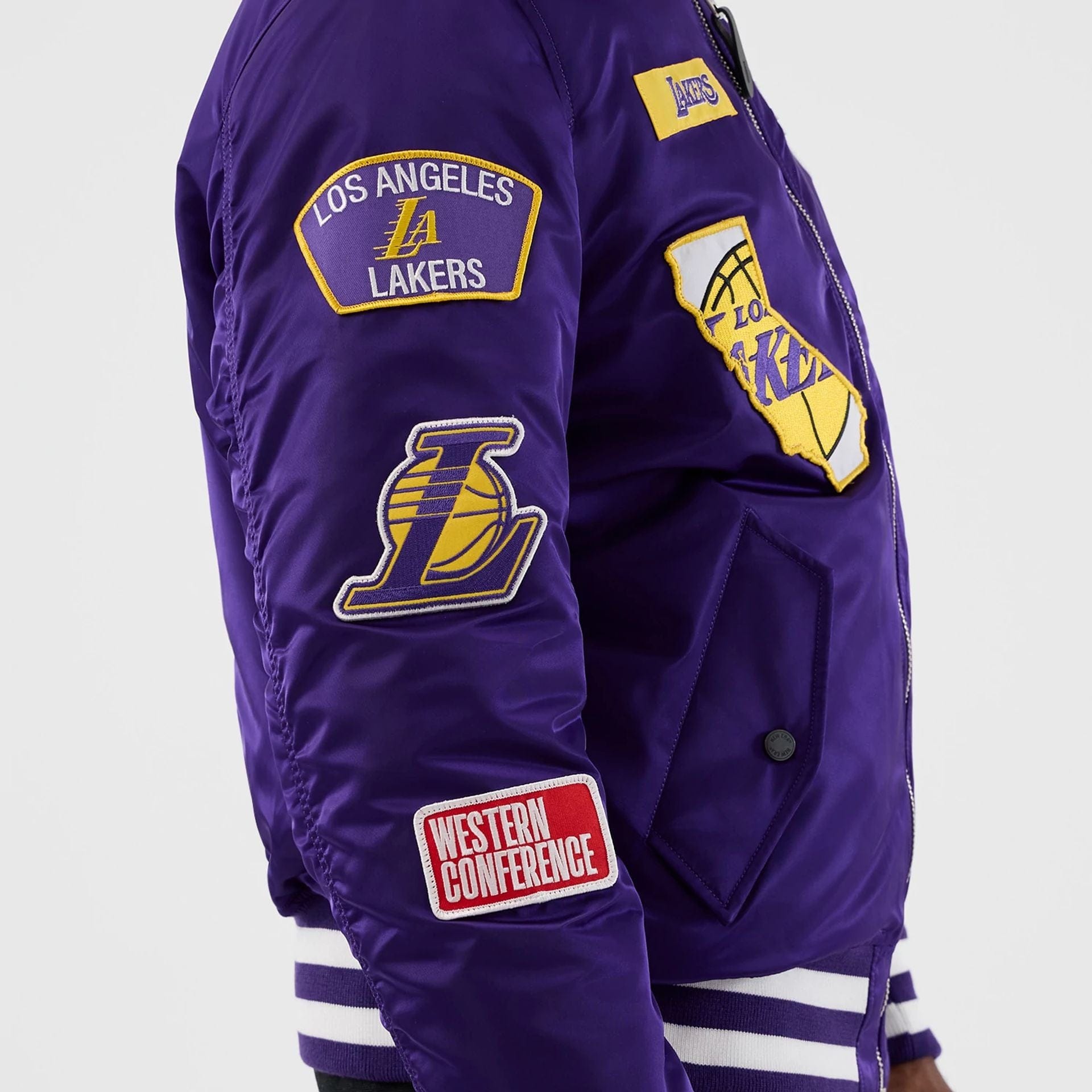 The Male model is wearing LA Lakers NBA x Alpha Purple Jacket 6