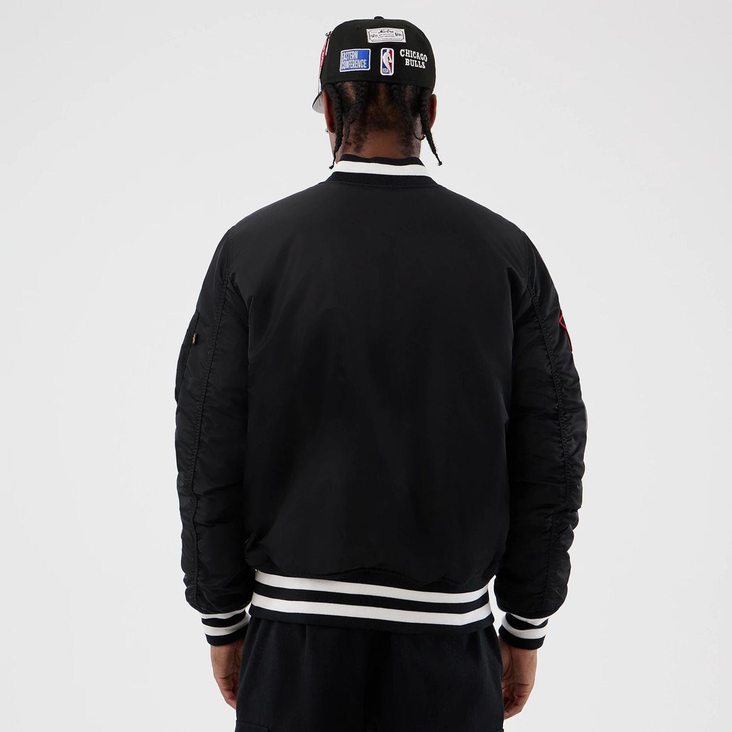 The Male model is wearing Chicago Bulls NBA x Alpha Black Jacket 2