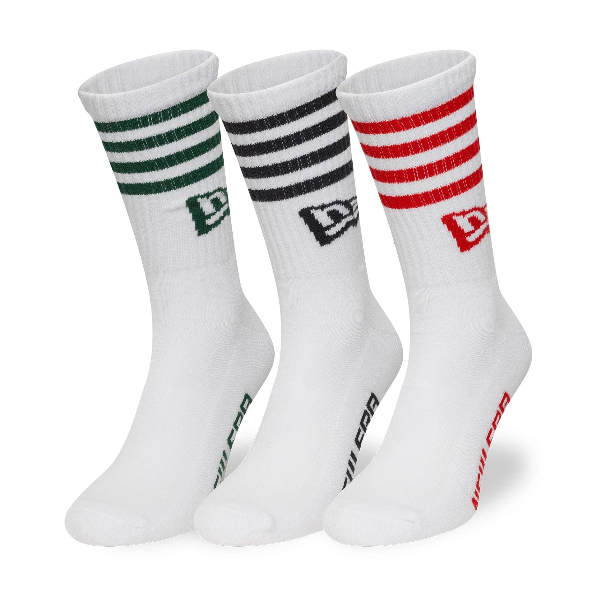 This is a New Era Stripe White 3 Pack Crew Socks 1
